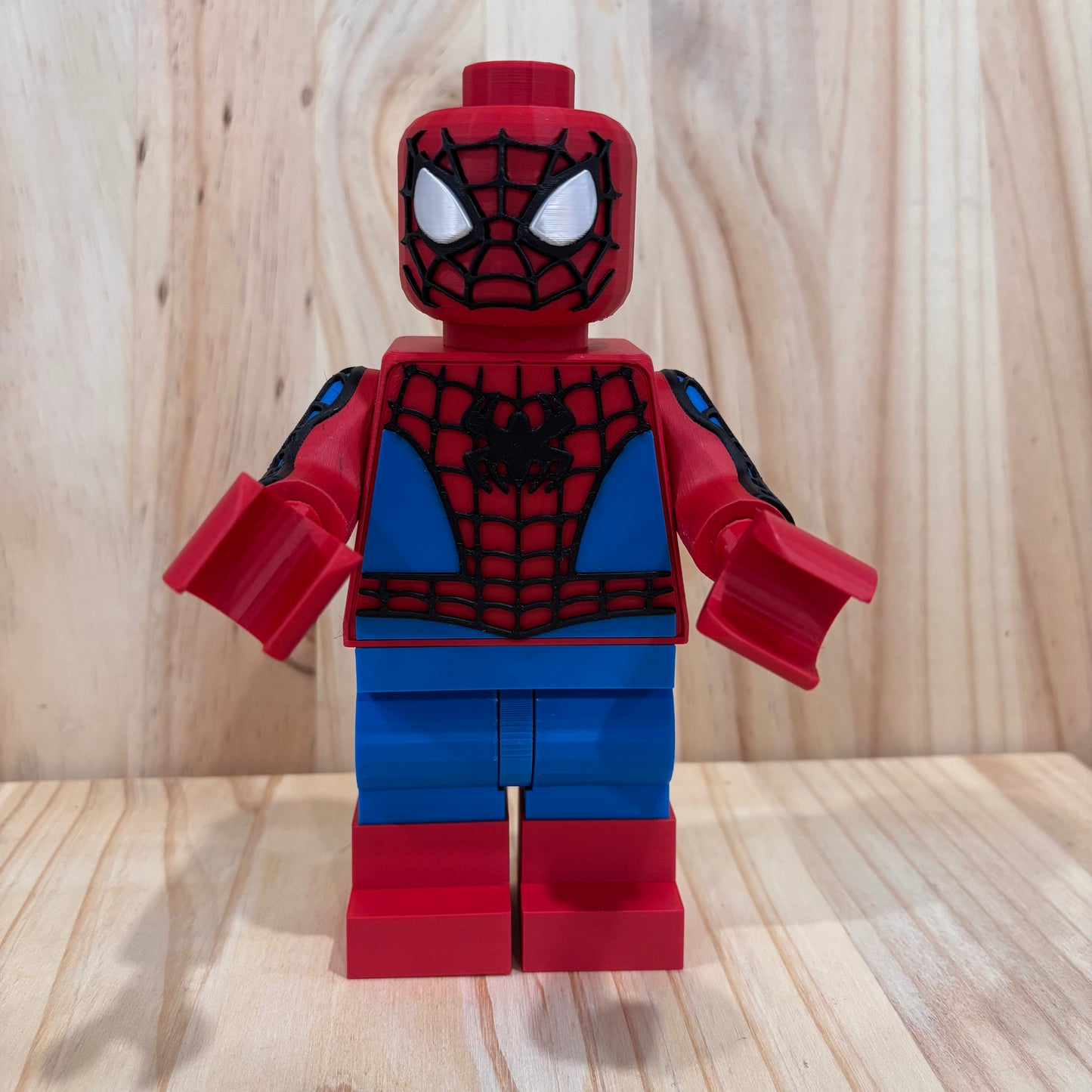 3D printed Classic Spiderman Brickman Figure standing 20cm tall with red and blue suit details