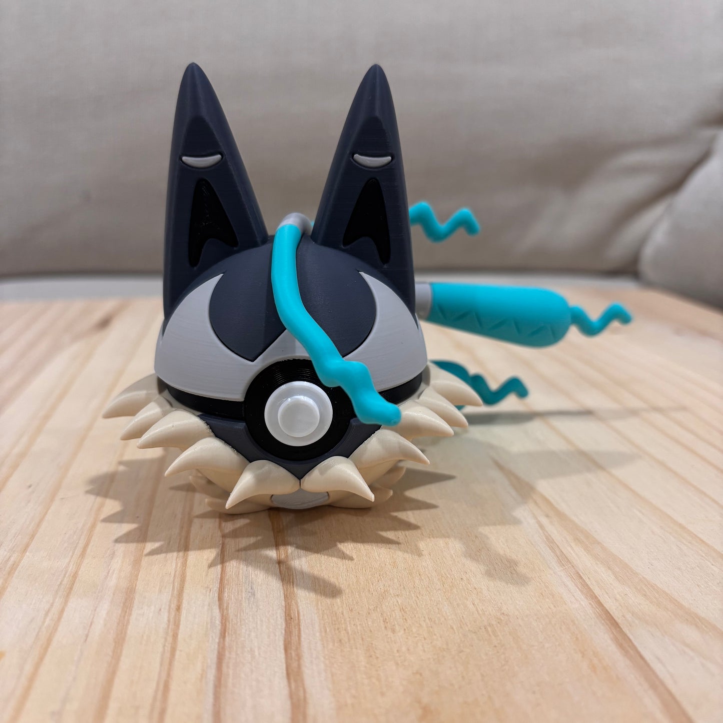 3D printed 0448 Mega Lucario Z Poké Ball collectible inspired by Mega Lucario featuring elongated ears, aura appendages and blue-black colour scheme.