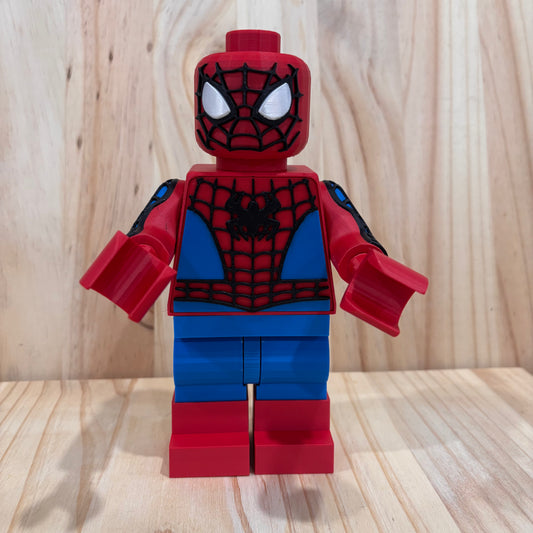 3D printed Classic Spiderman Brickman Figure standing 20cm tall with red and blue suit details