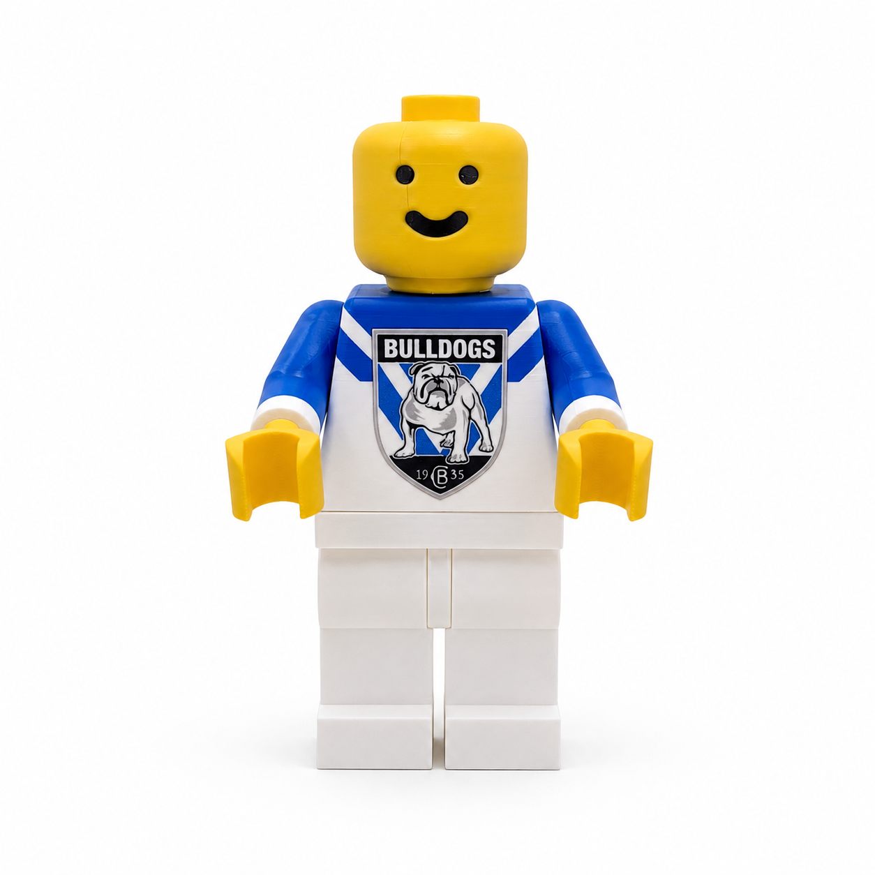 Custom 3D printed Canterbury Bulldogs Brickman Figure standing approximately 20cm tall wearing the Bulldogs home jersey.