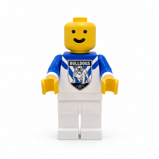 Custom 3D printed Canterbury Bulldogs Brickman Figure standing approximately 20cm tall wearing the Bulldogs home jersey.