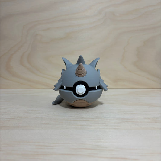 3D printed #0112 Rhydon Poké Ball collectible featuring Rhydon hidden inside an opening Poké Ball.