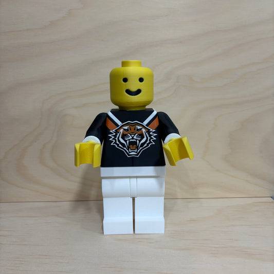 3D printed Wests Tigers NRL Brickman Figure wearing the club's home jersey.
