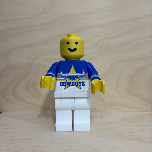 3D printed North Queensland Cowboys NRL Brickman Figure wearing the club's home jersey.