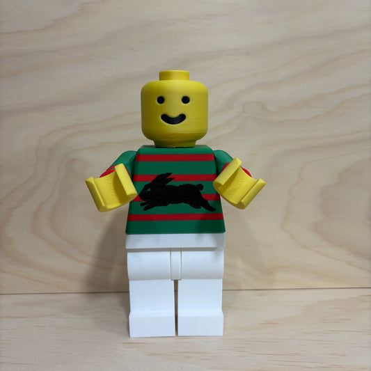 3D printed South Sydney Rabbitohs NRL Brickman Figure wearing the club's home jersey.