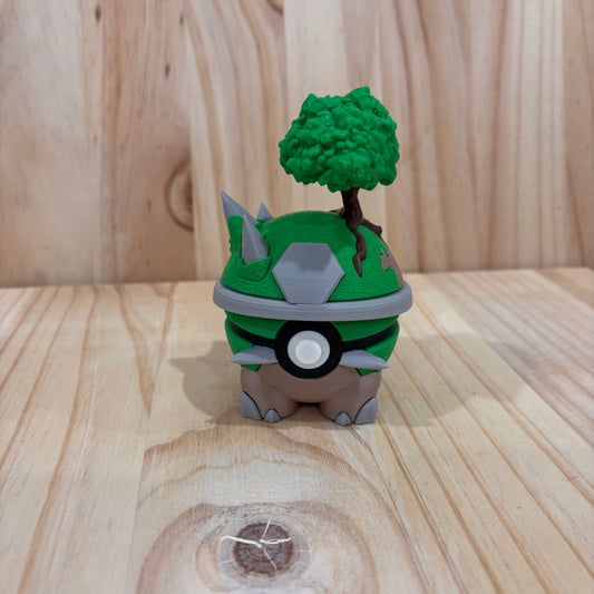3D printed 0389 Torterra Poké Ball collectible inspired by Torterra featuring its signature tree, rocky shell and earthy green colour scheme.