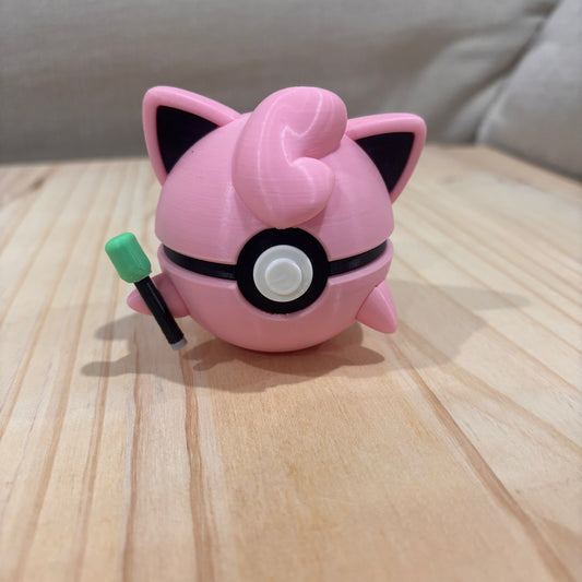 3D printed 0039 Jigglypuff Poké Ball collectible with pink body, pointed ears, curled fringe and microphone