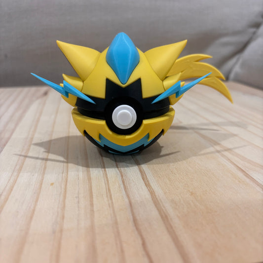 3D printed 0807 Zeraora Poké Ball collectible inspired by Zeraora with electric yellow and blue lightning details.