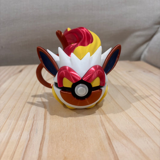 3D printed 0392 Infernape Poké Ball collectible inspired by Infernape with fiery crest, pointed ears and flame-themed details.