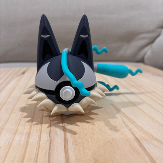 3D printed 0448 Mega Lucario Z Poké Ball collectible inspired by Mega Lucario featuring elongated ears, aura appendages and blue-black colour scheme.