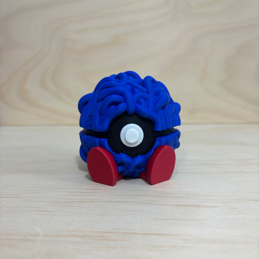 3D printed 0114 Tangela Poké Ball collectible with tangled blue vines, black and white centre button and red feet