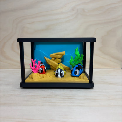 3D printed Mini Pal Aquarium Adventure play set featuring a miniature aquarium with coral, a shipwreck and three colourful flexi fish.