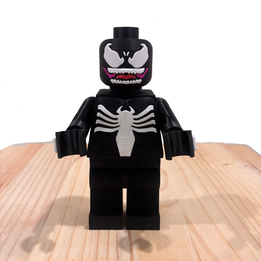 3D printed Venom Brickman Figure standing 20cm tall with black body and white chest emblem