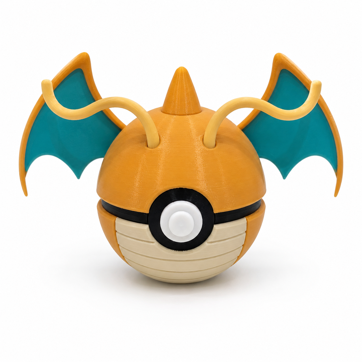 3D printed 0149 Dragonite Poké Ball collectible featuring Dragonite-inspired wings, antennae and Poké Ball design