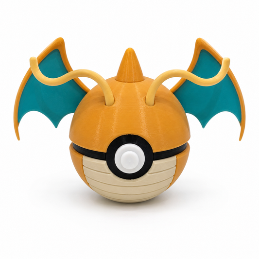 3D printed 0149 Dragonite Poké Ball collectible featuring Dragonite-inspired wings, antennae and Poké Ball design
